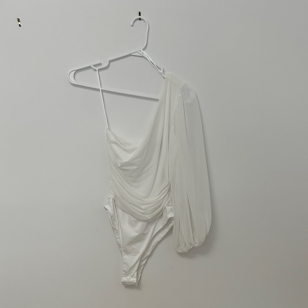Hello Molly White One-Shoulder Draped Bodysuit with Sheer Puff Sleeve